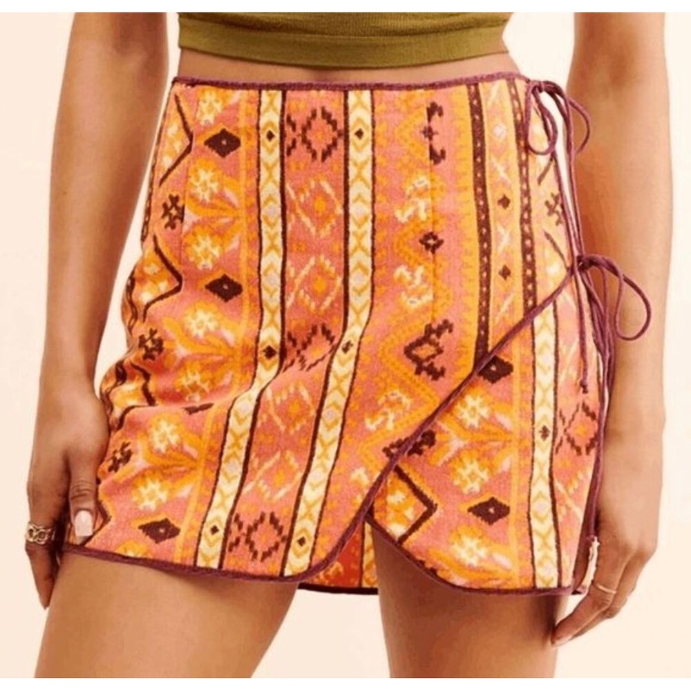 NWT Free People Cleo Printed Faux Wrap Skirt Western Festival Mini Skirt Size 4